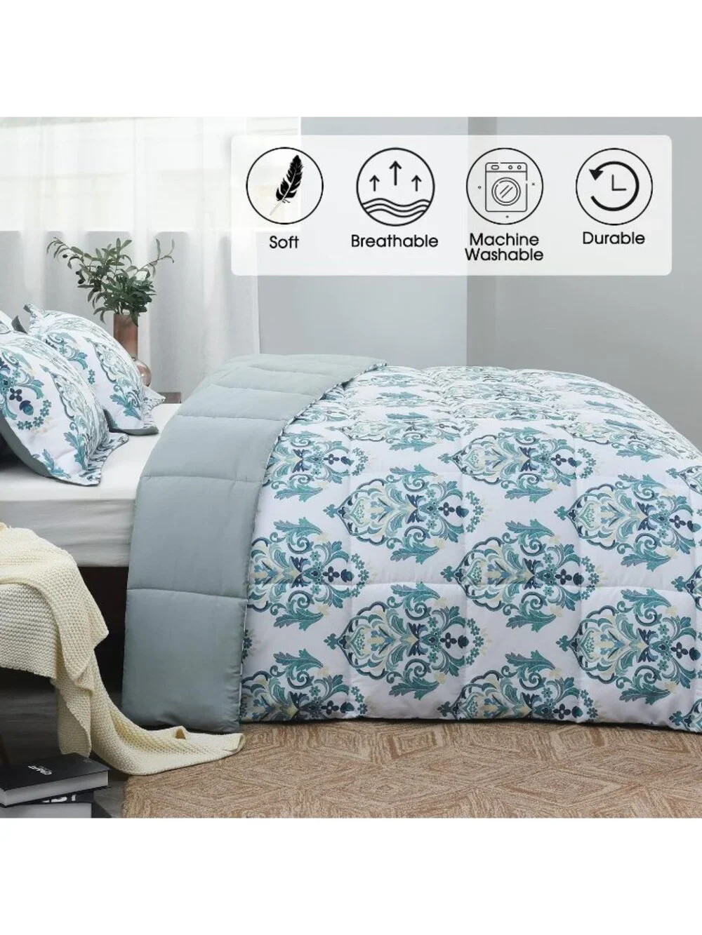 Queen Size Reversible Comforter Set With 2 Pillow Shams In Teal & White